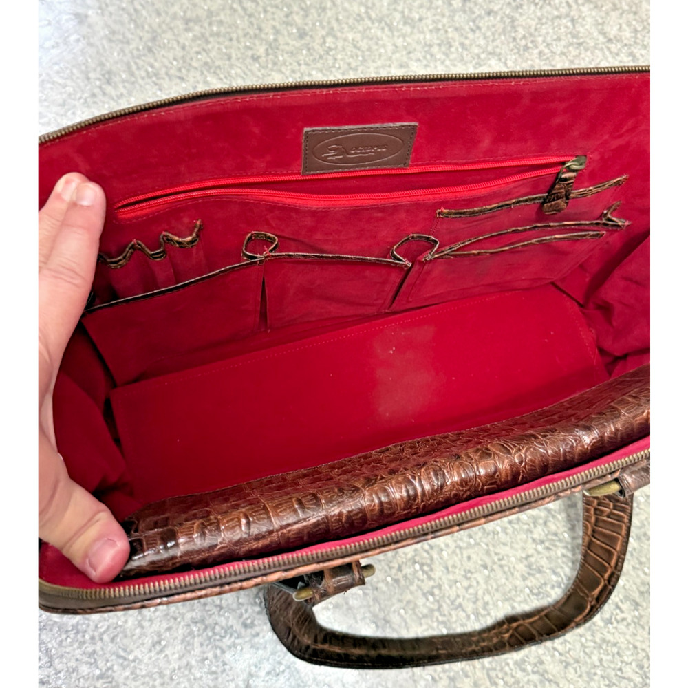 Vintage Octopus Brand XL Brown Leather Satchel Bag Croc Embossed Handbag Brass - Picture 14 of 16